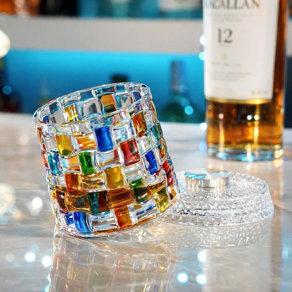 Rotating Crystal Whiskey Glass 270ml – Hand-Painted Colorful Woven Design Tumbler with Spinning Base, Unique Gift for Whiskey & Cocktail Lovers