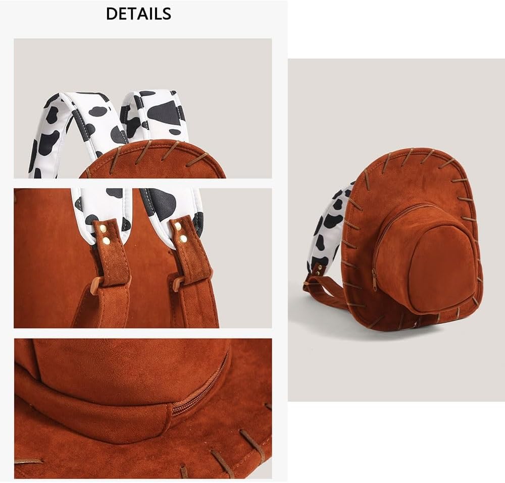 Cowboy Hat-Shaped Suede Backpack – Western Rodeo Backpack with Cow-Print Adjustable Straps, Novelty Costume Travel Bag