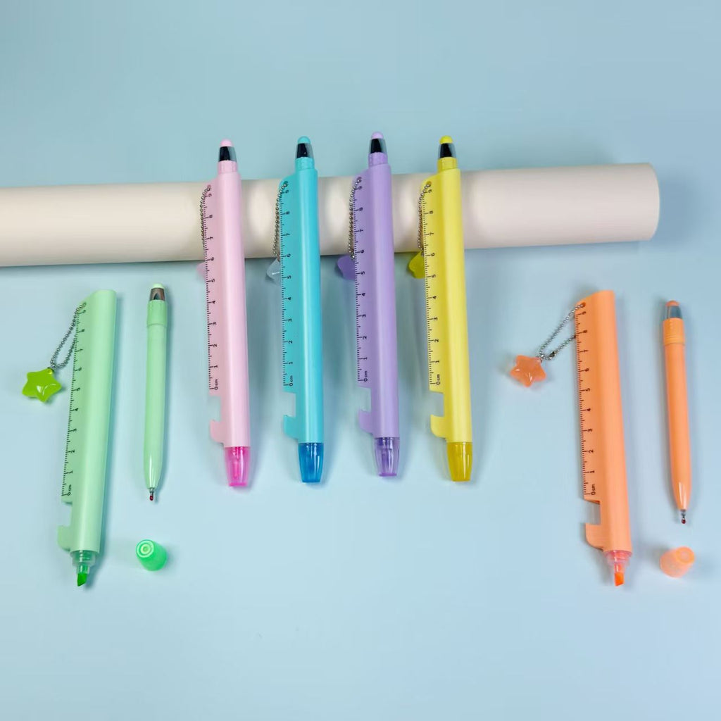 5-in-1 Multifunction Pastel Pen – Gel Pen, Highlighter, Stylus, Ruler & Phone Stand | Cute Macaron School & Office Pen