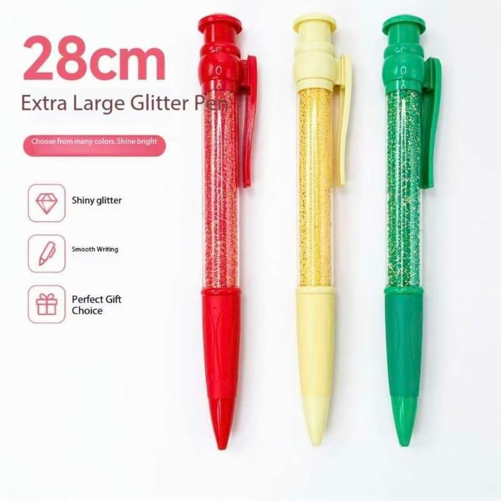 Giant 28CM Glitter Ballpoint Pen – Jumbo Click Pen with Transparent Sparkle Barrel & 0.7mm Black Ink