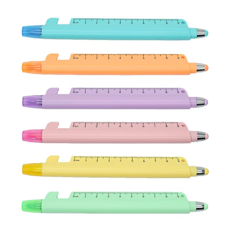 5-in-1 Multifunction Pastel Pen – Gel Pen, Highlighter, Stylus, Ruler & Phone Stand | Cute Macaron School & Office Pen