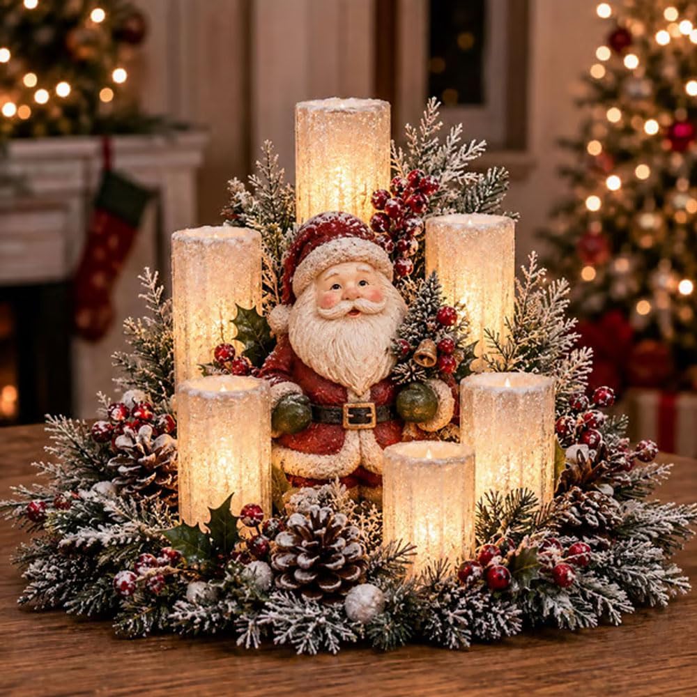3D LED Christmas Tabletop Centerpiece – Battery Powered Holiday Candle Decoration with Festive Figurine