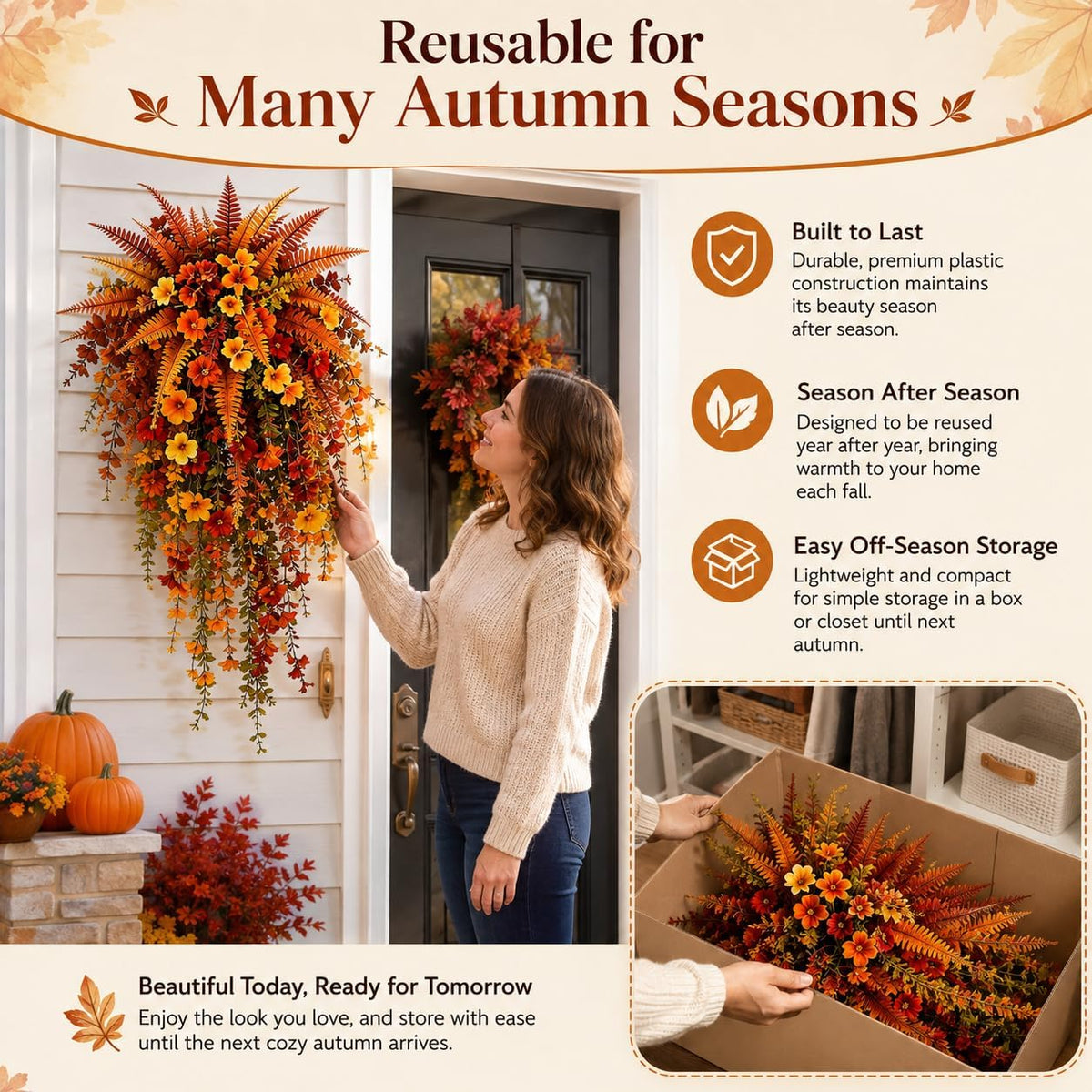 Artificial Fall Harvest Hanging Basket, Artificial Hanging Flowers for Outdoors, UV-Resistant Waterproof Faux Fall Flowers for Autumn, Autumn Porch & Door Decoration