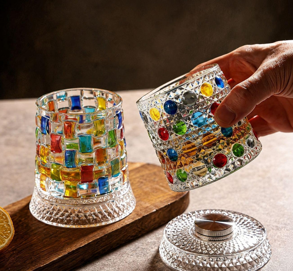 Rotating Crystal Whiskey Glass 270ml – Hand-Painted Colorful Woven Design Tumbler with Spinning Base, Unique Gift for Whiskey & Cocktail Lovers