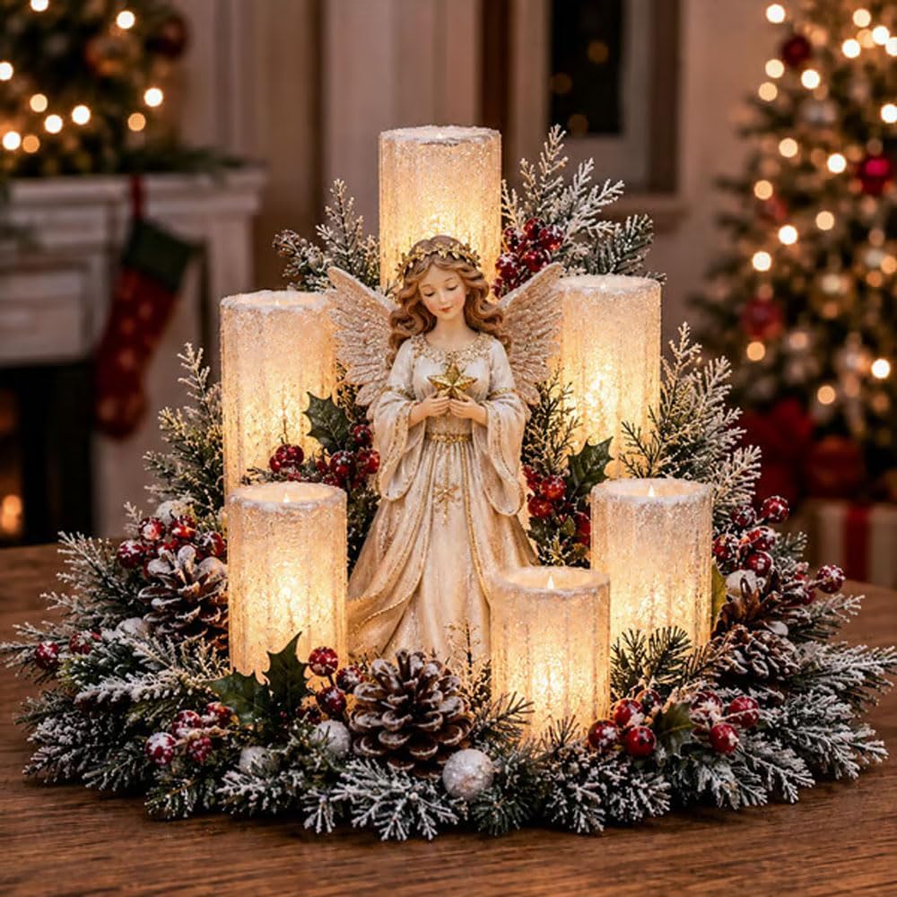 3D LED Christmas Tabletop Centerpiece – Battery Powered Holiday Candle Decoration with Festive Figurine