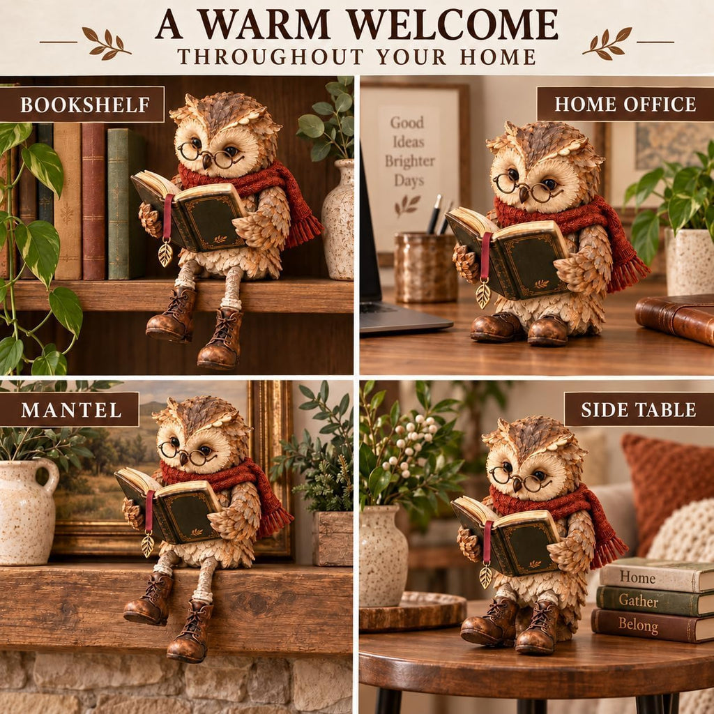 Reading Owl Resin Figurine with Dangling Legs – Vintage Book Lover Owl Shelf Decor for Bookshelf, Desk & Reading Nook