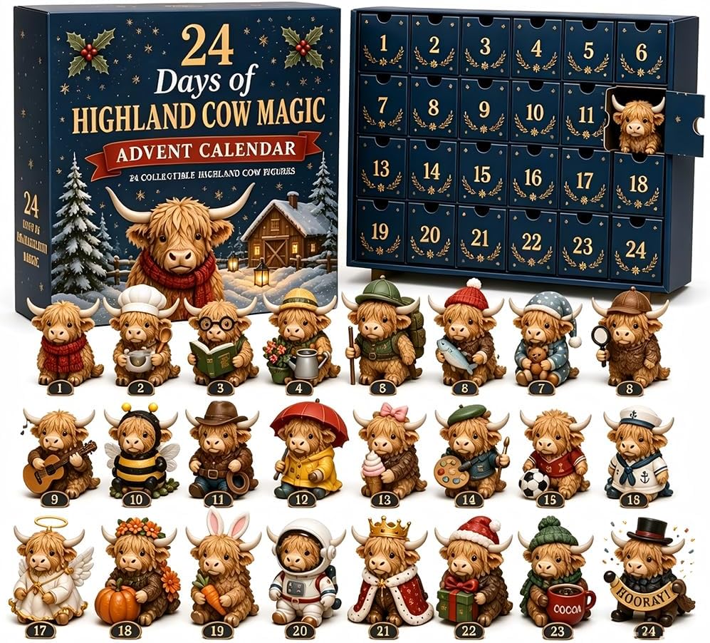 24 Days of Highland Cow Magic Advent Calendar, 24 Cute Collectible Cow Mini Figures, Farmhouse Holiday Decor, Christmas Countdown Calendar Gift Set for Cow Lovers