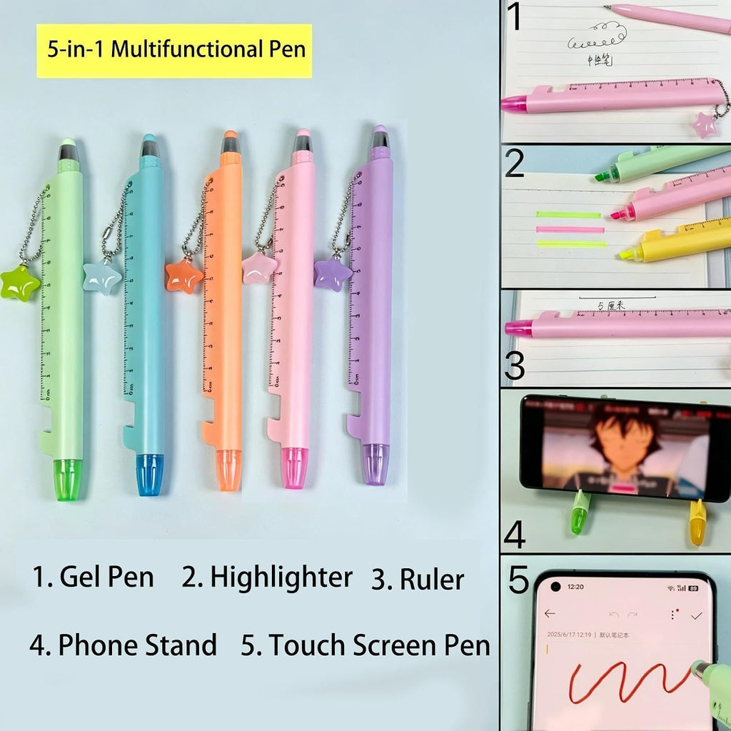 5-in-1 Multifunction Pastel Pen – Gel Pen, Highlighter, Stylus, Ruler & Phone Stand | Cute Macaron School & Office Pen