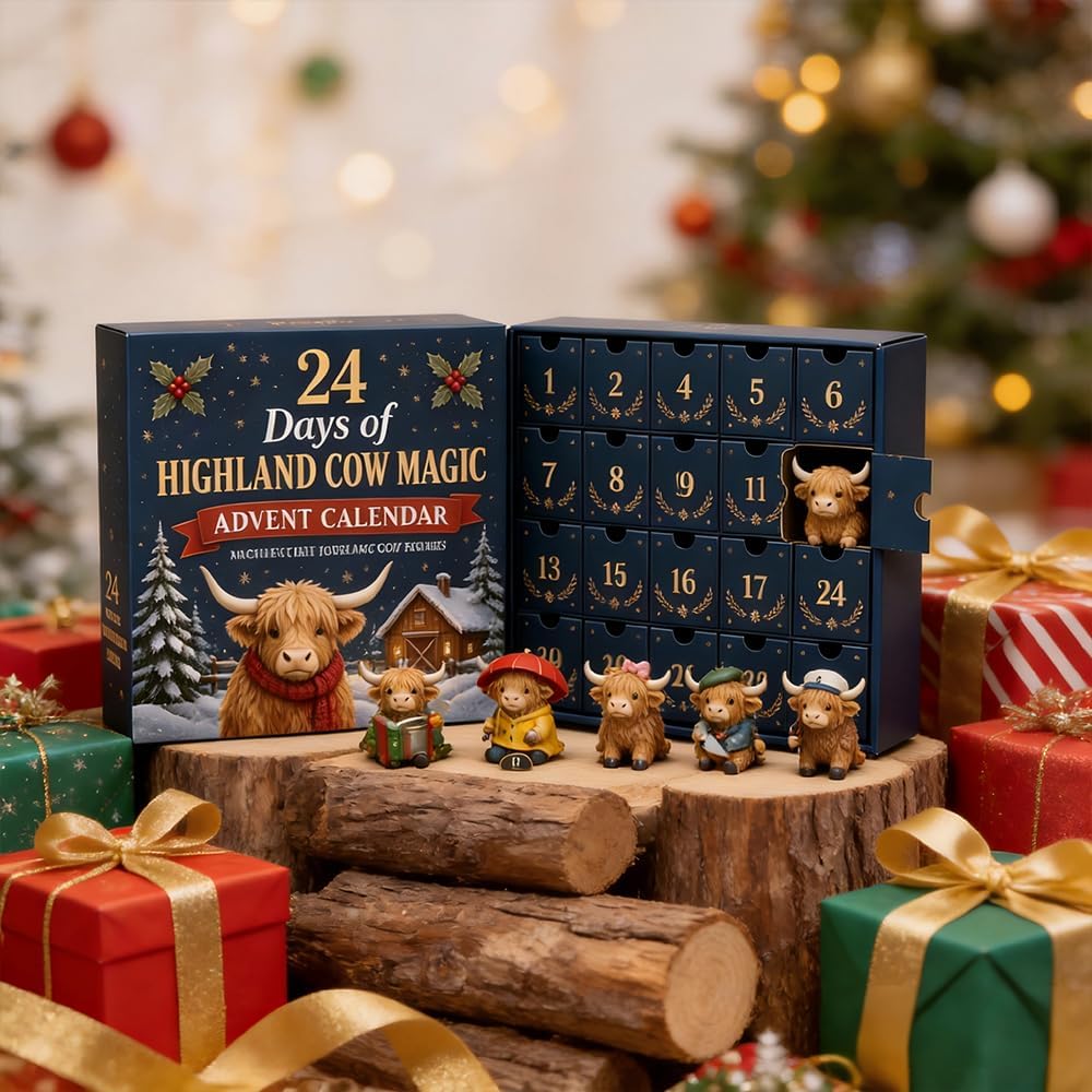 24 Days of Highland Cow Magic Advent Calendar, 24 Cute Collectible Cow Mini Figures, Farmhouse Holiday Decor, Christmas Countdown Calendar Gift Set for Cow Lovers