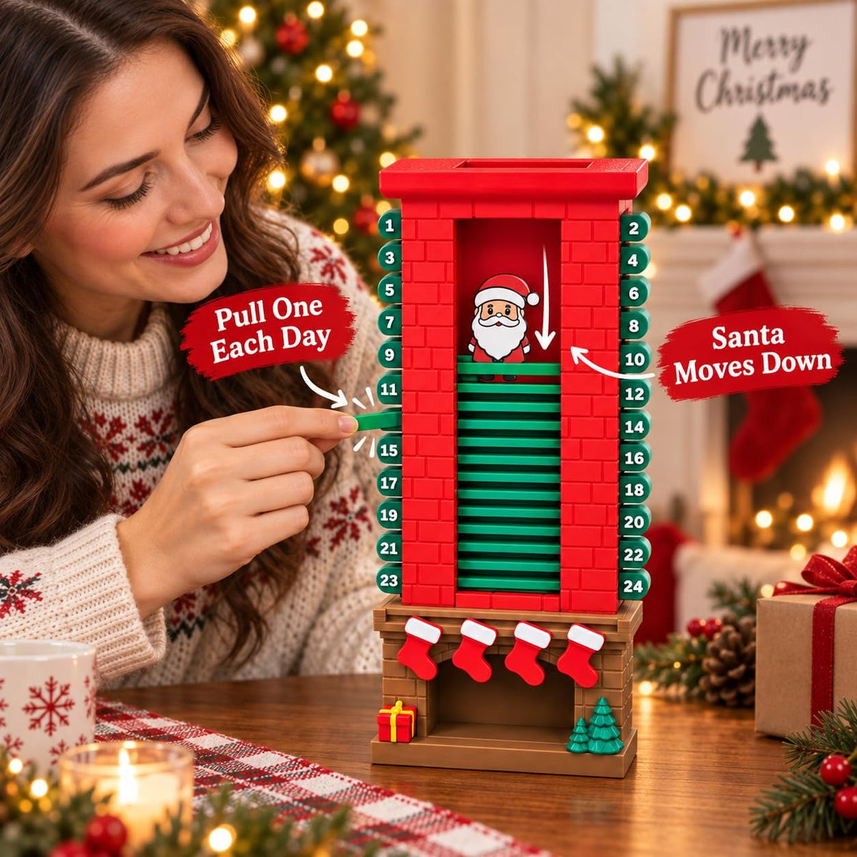 Mechanical Santa Chimney Christmas Countdown Calendar – 3D Moving Santa Advent Tracker for Mantel, Fireplace & Tabletop Holiday Decor