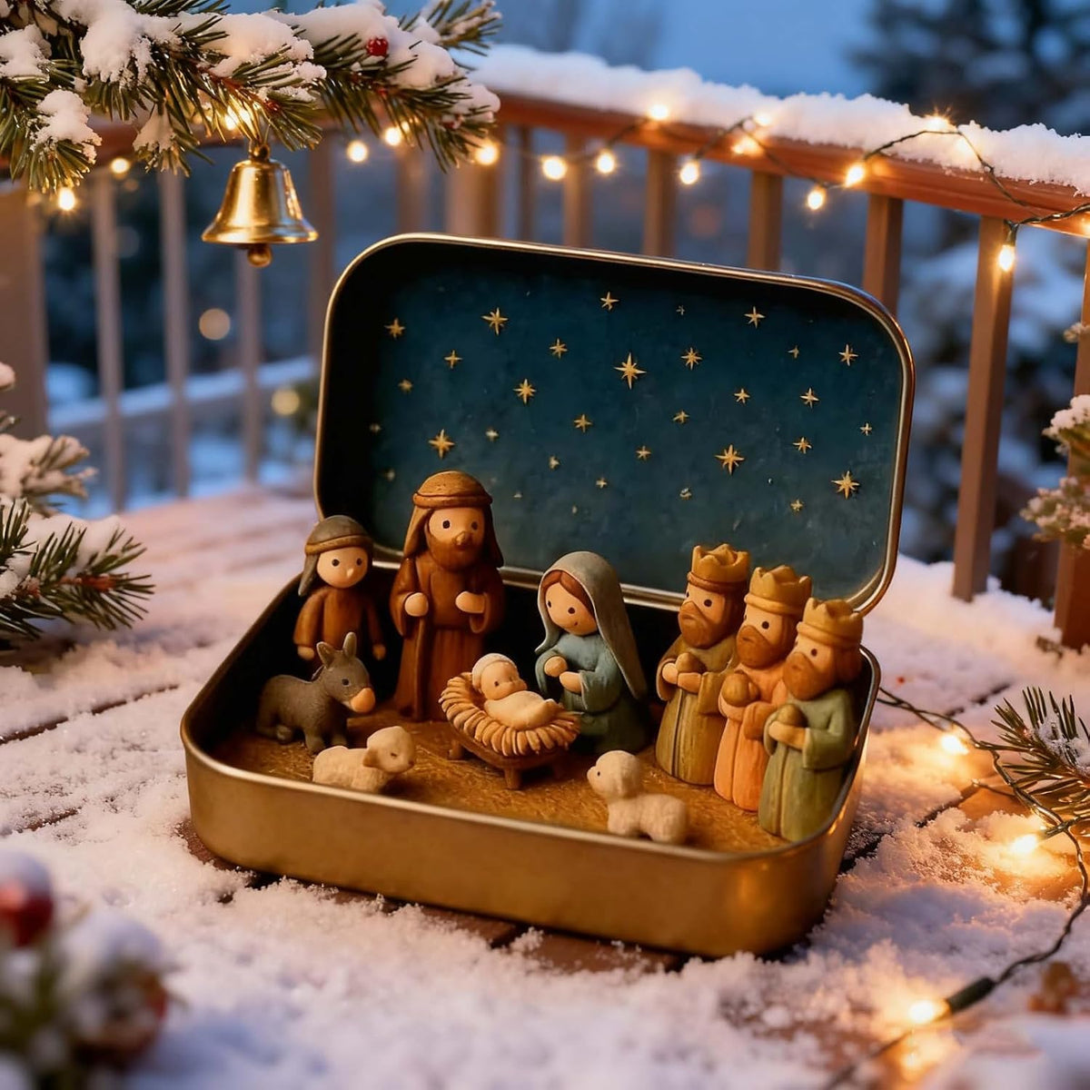 Mini Nativity Scene in Tin Box – Portable Christmas Holy Family Decoration, Handcrafted Bethlehem Collectible Gift