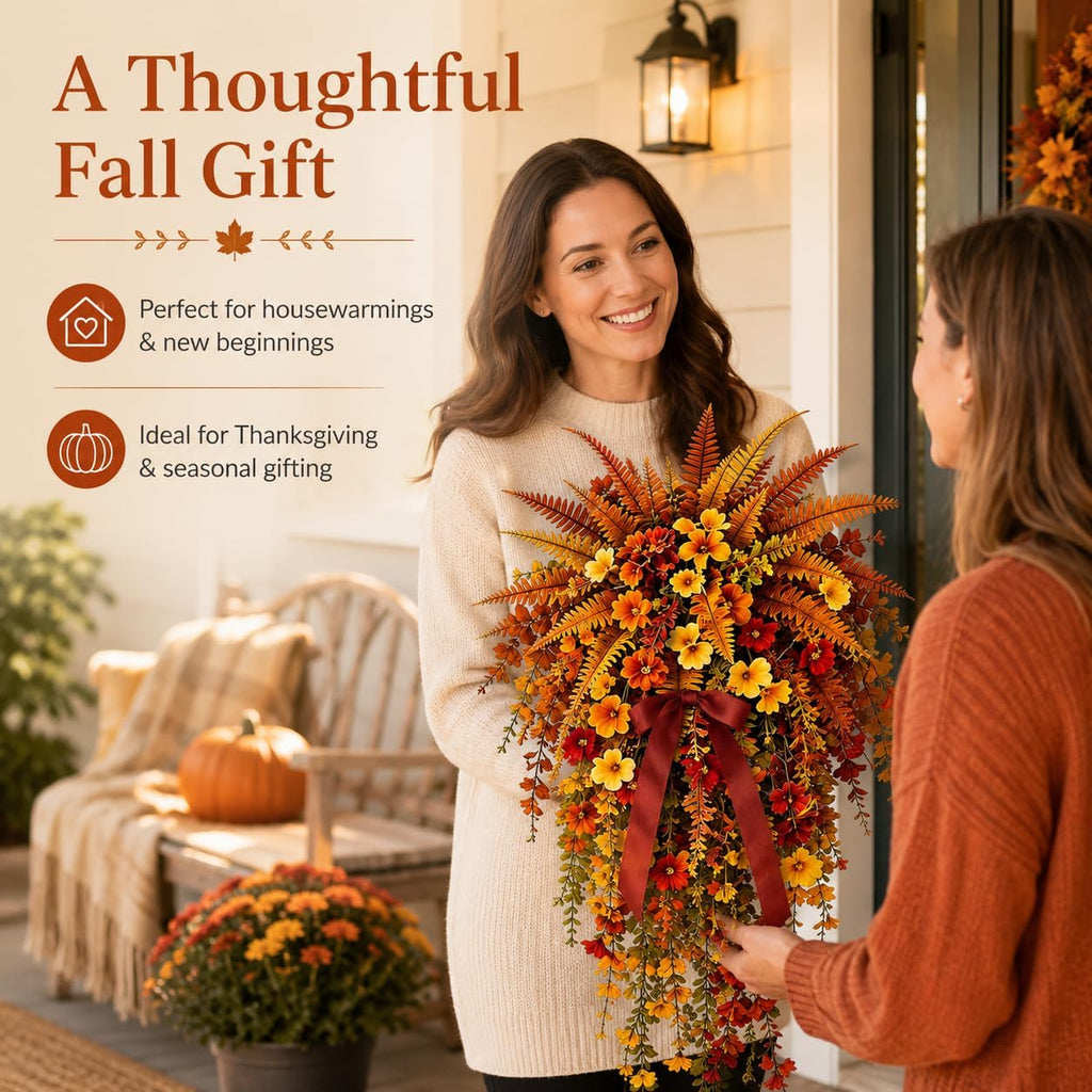 Artificial Fall Harvest Hanging Basket, Artificial Hanging Flowers for Outdoors, UV-Resistant Waterproof Faux Fall Flowers for Autumn, Autumn Porch & Door Decoration