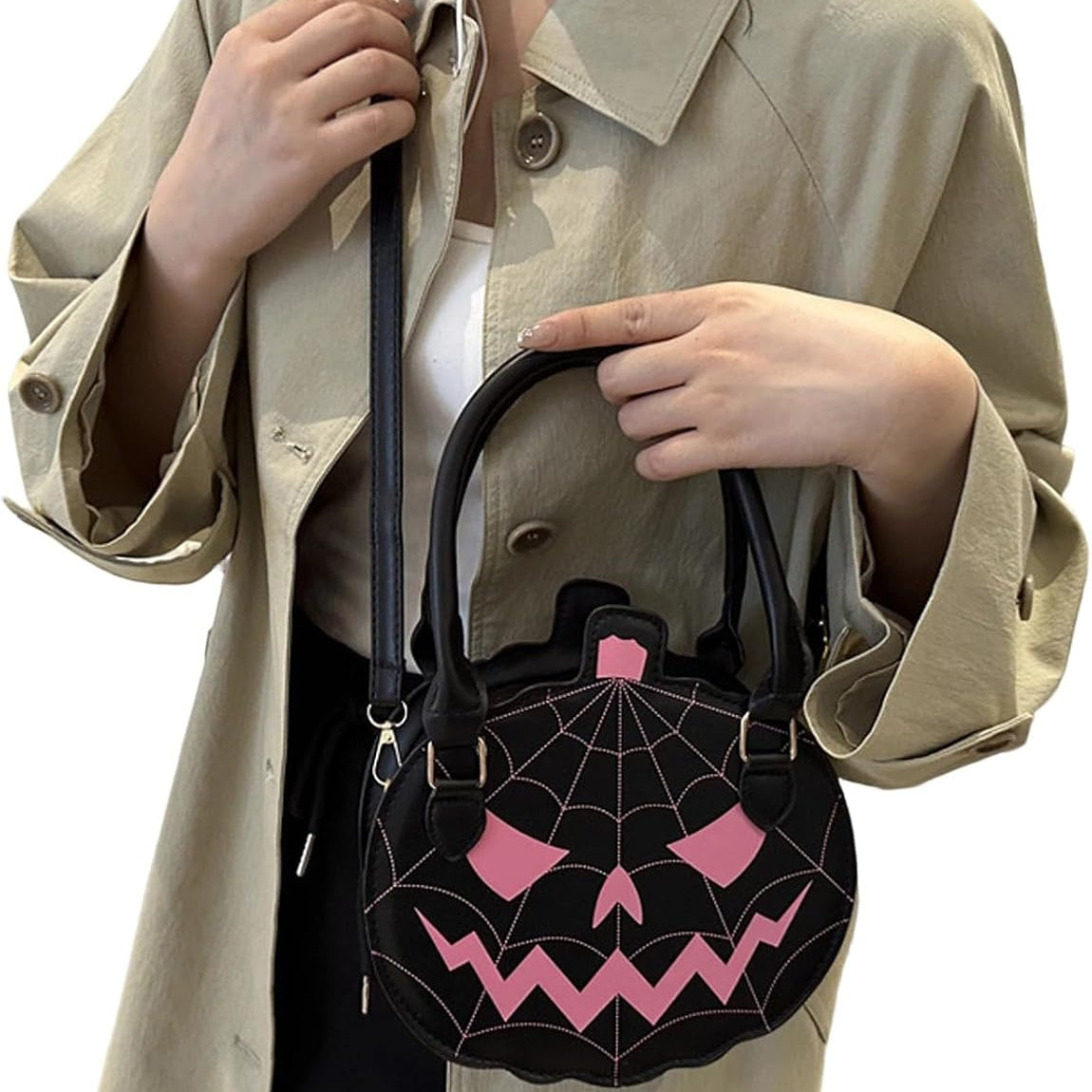 Halloween Pumpkin Crossbody Bag for Women – Jack-O'-Lantern PU Handbag with Spiderweb Stitching, Top Handles & Adjustable Shoulder Strap