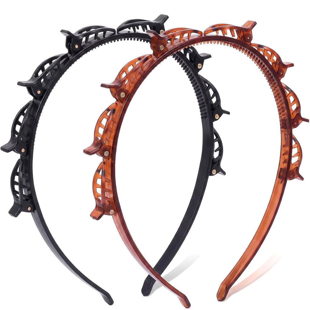 Multi-Clip Styling Headband – Double-Layer Hairband with Mini Claw Clips, Textured Hair Styling Headband for Women, Black & Amber Brown
