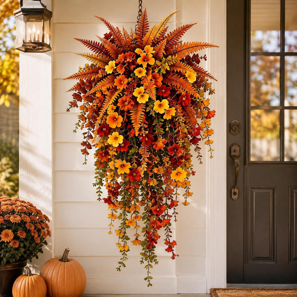 Artificial Fall Harvest Hanging Basket, Artificial Hanging Flowers for Outdoors, UV-Resistant Waterproof Faux Fall Flowers for Autumn, Autumn Porch & Door Decoration