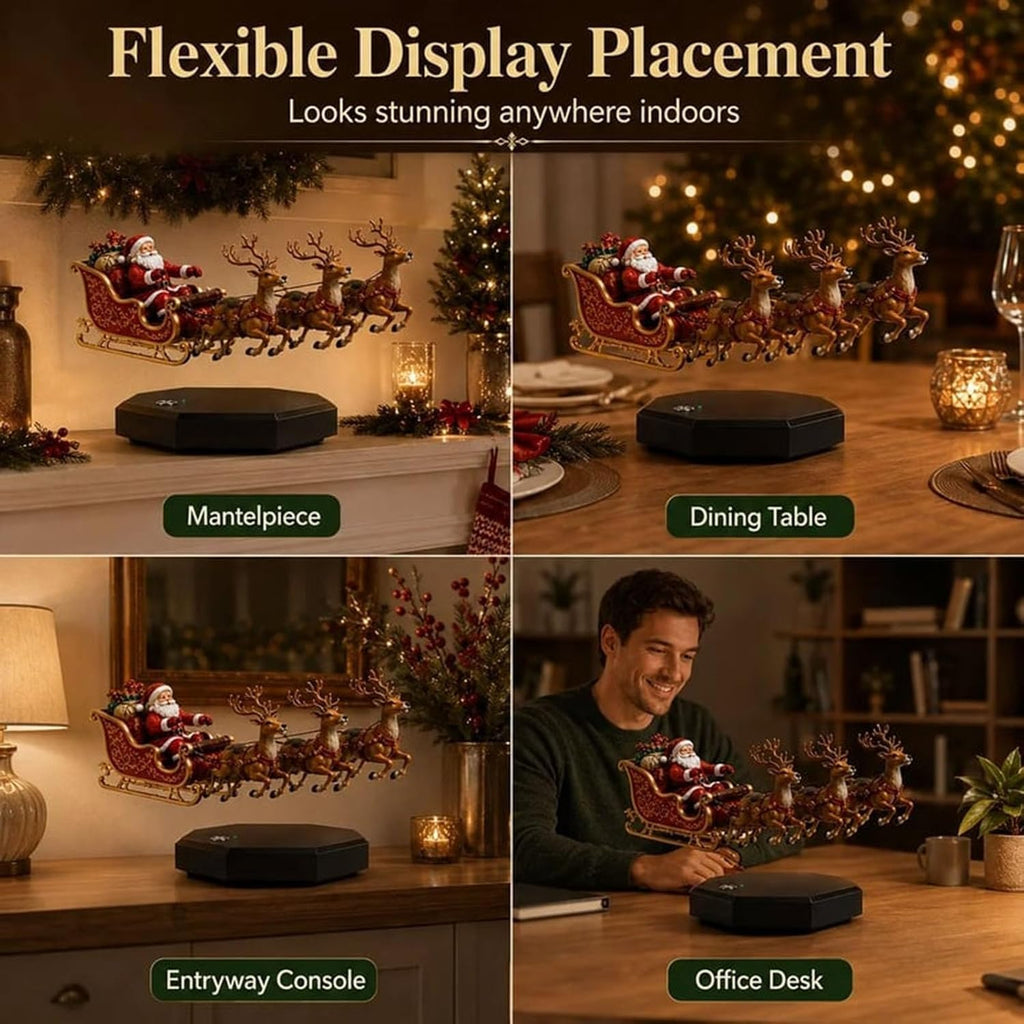 Floating Santa Sleigh, Santa's Flying Sleigh Magnetic Levitation Christmas Display, Floating Santa Claus Tabletop Decorations Reindeer Xmas Ornaments for Home, Office, Shelf & Holiday Party
