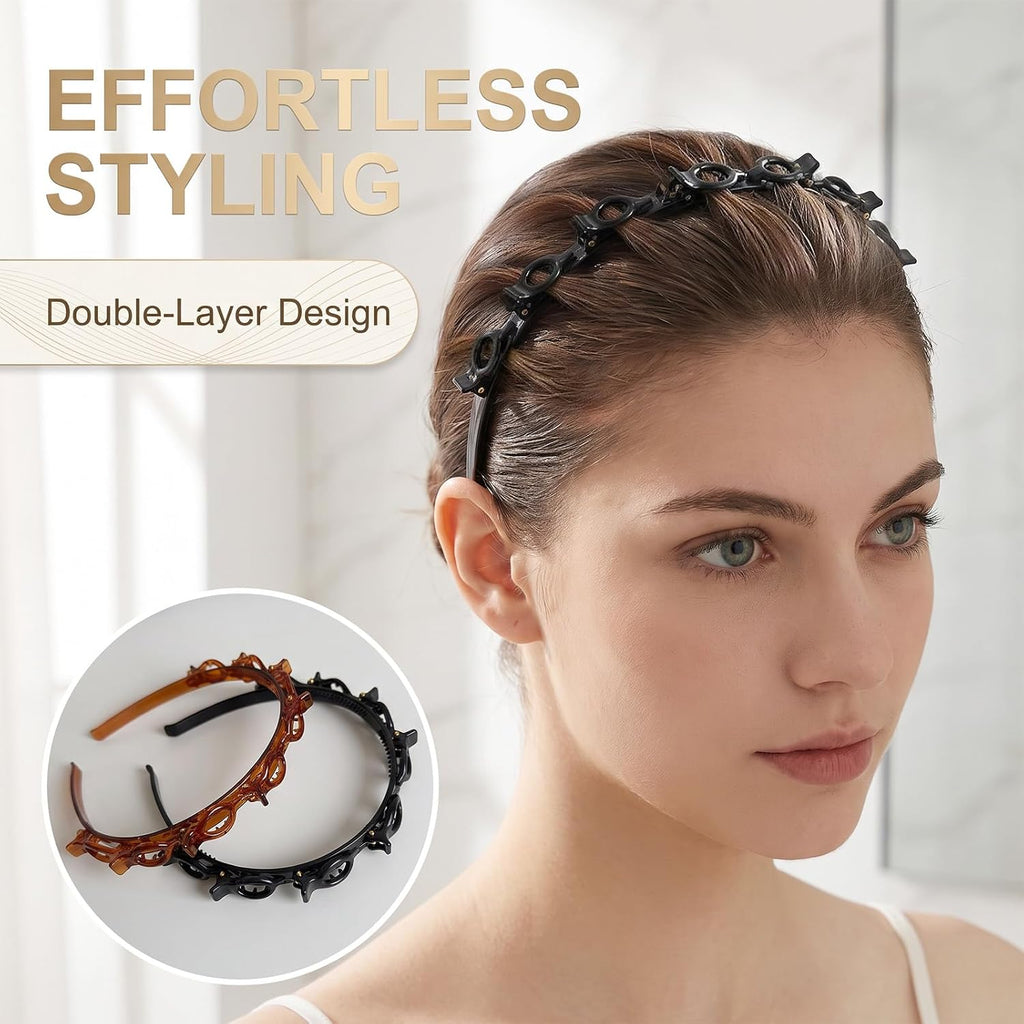 Multi-Clip Styling Headband – Double-Layer Hairband with Mini Claw Clips, Textured Hair Styling Headband for Women, Black & Amber Brown