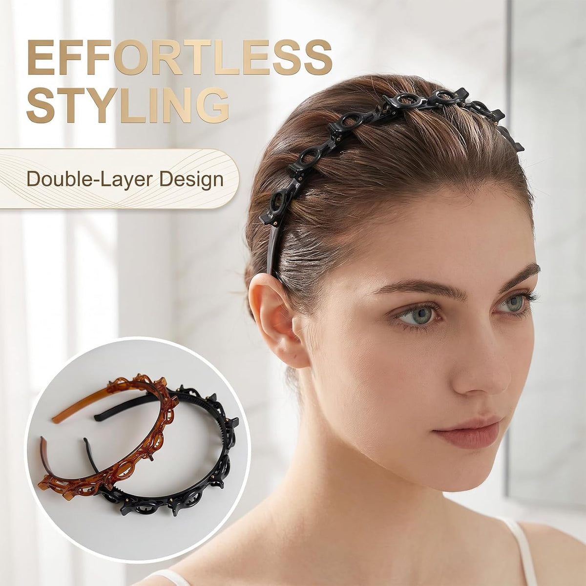Multi-Clip Styling Headband – Double-Layer Hairband with Mini Claw Clips, Textured Hair Styling Headband for Women, Black & Amber Brown