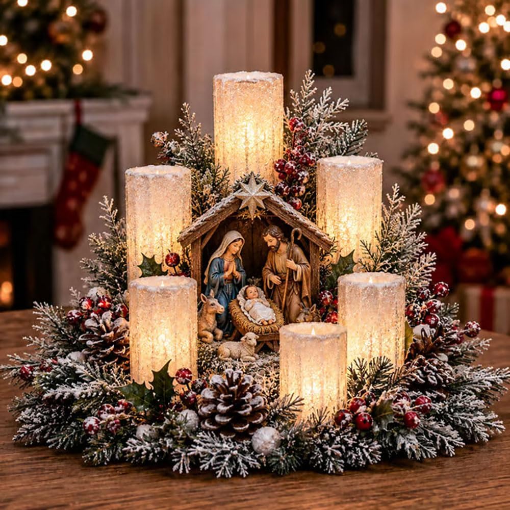 3D LED Christmas Tabletop Centerpiece – Battery Powered Holiday Candle Decoration with Festive Figurine
