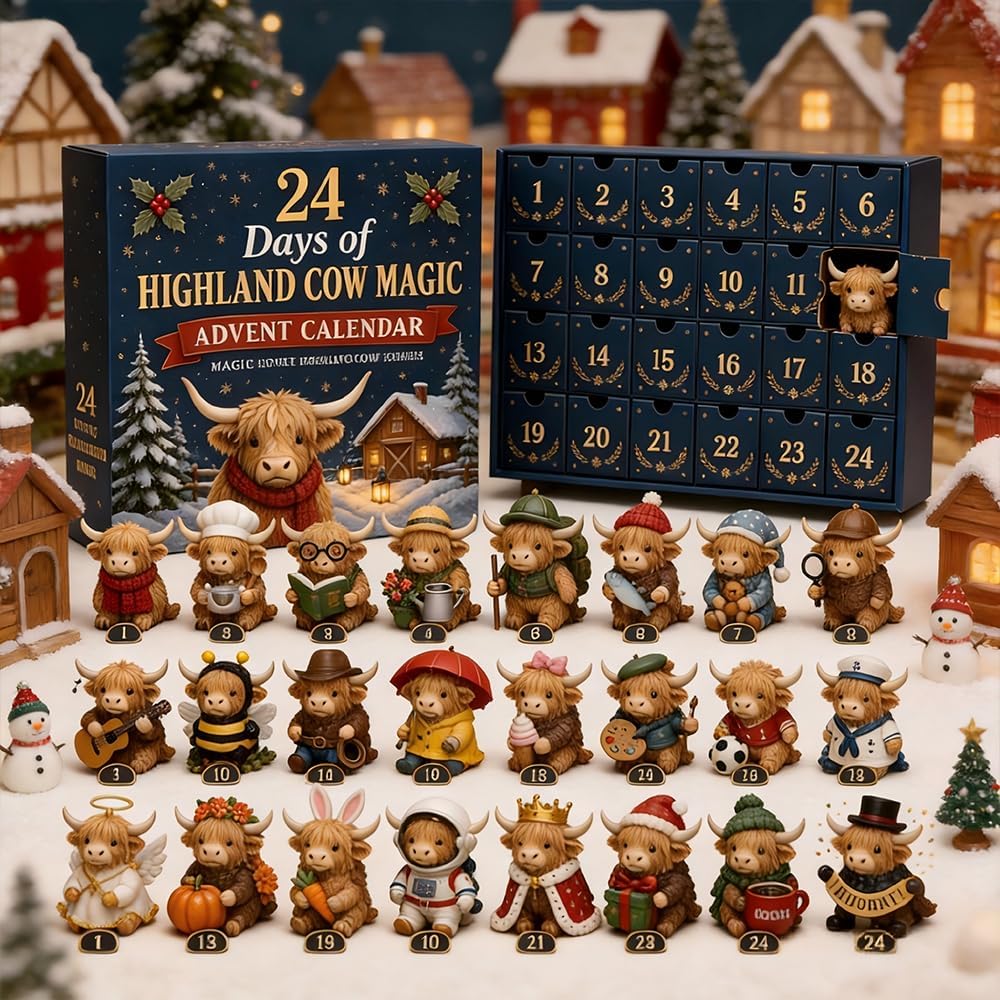 24 Days of Highland Cow Magic Advent Calendar, 24 Cute Collectible Cow Mini Figures, Farmhouse Holiday Decor, Christmas Countdown Calendar Gift Set for Cow Lovers