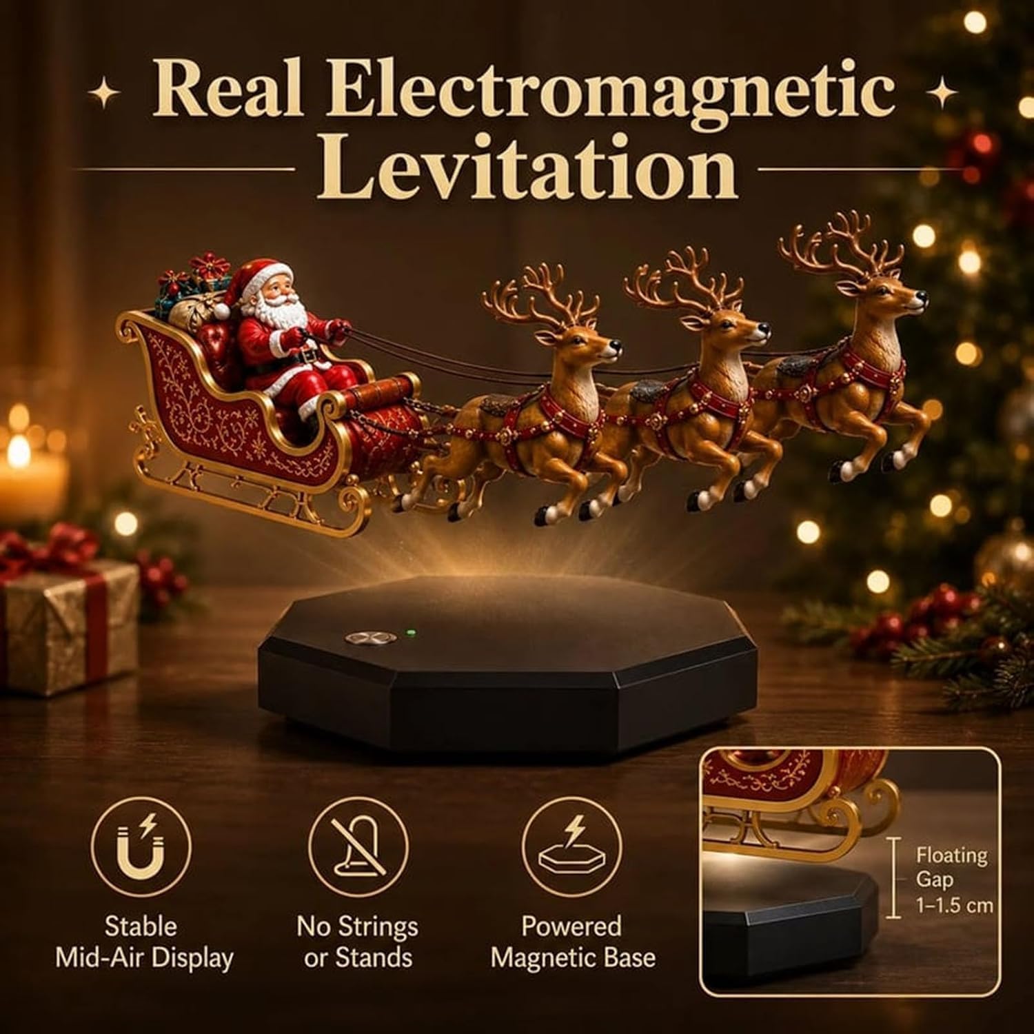 Floating Santa Sleigh, Santa's Flying Sleigh Magnetic Levitation Christmas Display, Floating Santa Claus Tabletop Decorations Reindeer Xmas Ornaments for Home, Office, Shelf & Holiday Party