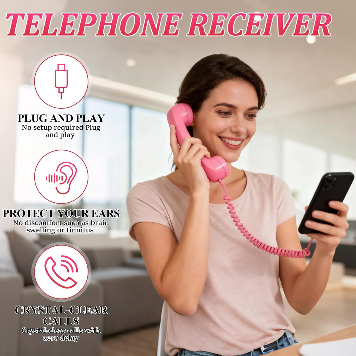 Retro Type-C Phone Handset Receiver with Volume Control – Vintage Wired Mobile Phone Handset for Smartphones, 38mm Speaker, Stretch Coiled Cord
