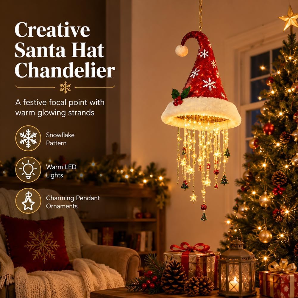 Lighted Santa Hat Christmas Hanging Chandelier – Warm LED Tassel Ornament with Stars & Holiday Charms, Battery Powered Ceiling & Window Christmas Decor