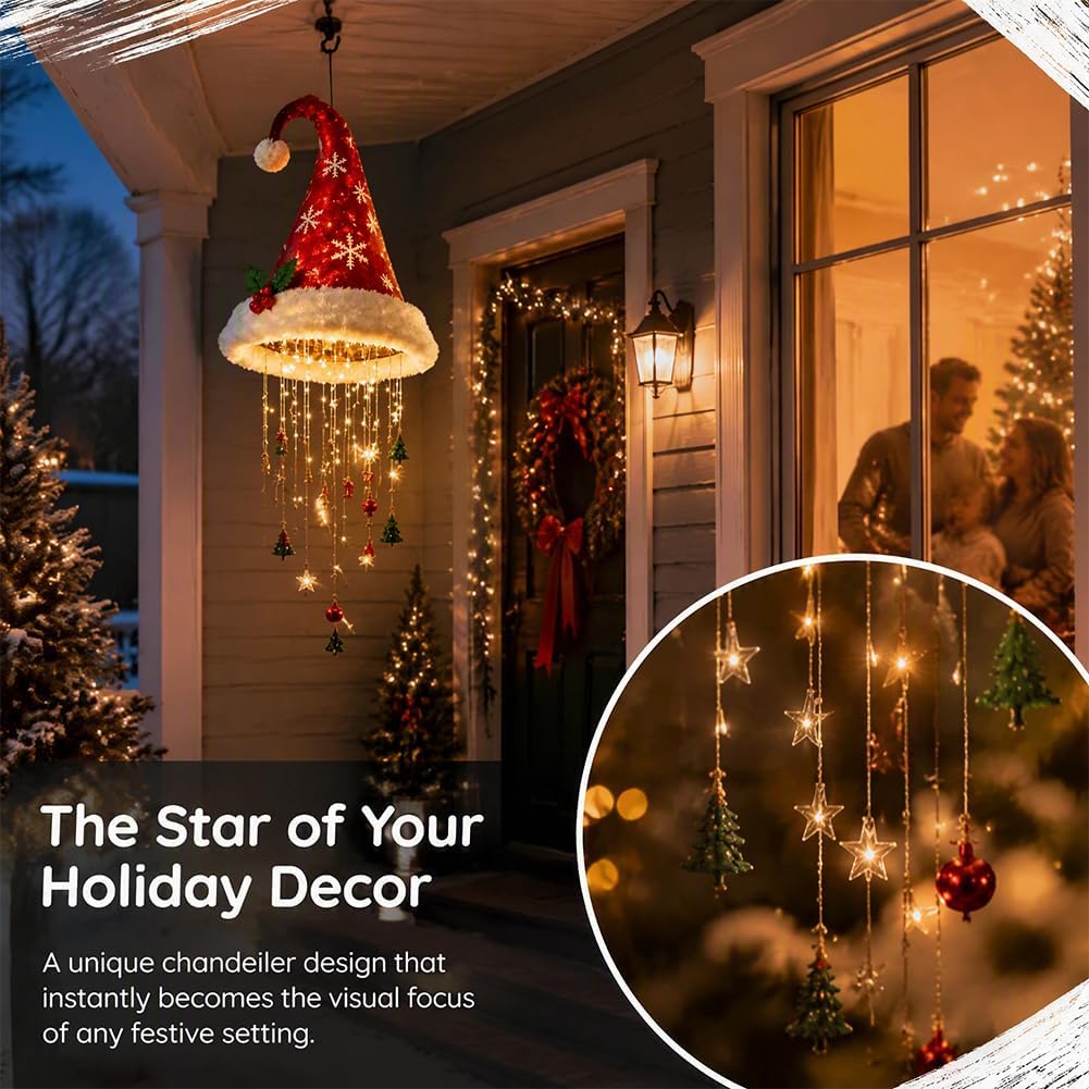 Lighted Santa Hat Christmas Hanging Chandelier – Warm LED Tassel Ornament with Stars & Holiday Charms, Battery Powered Ceiling & Window Christmas Decor
