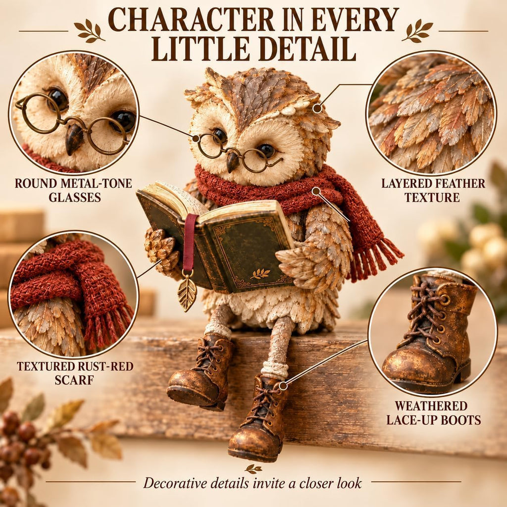 Reading Owl Resin Figurine with Dangling Legs – Vintage Book Lover Owl Shelf Decor for Bookshelf, Desk & Reading Nook