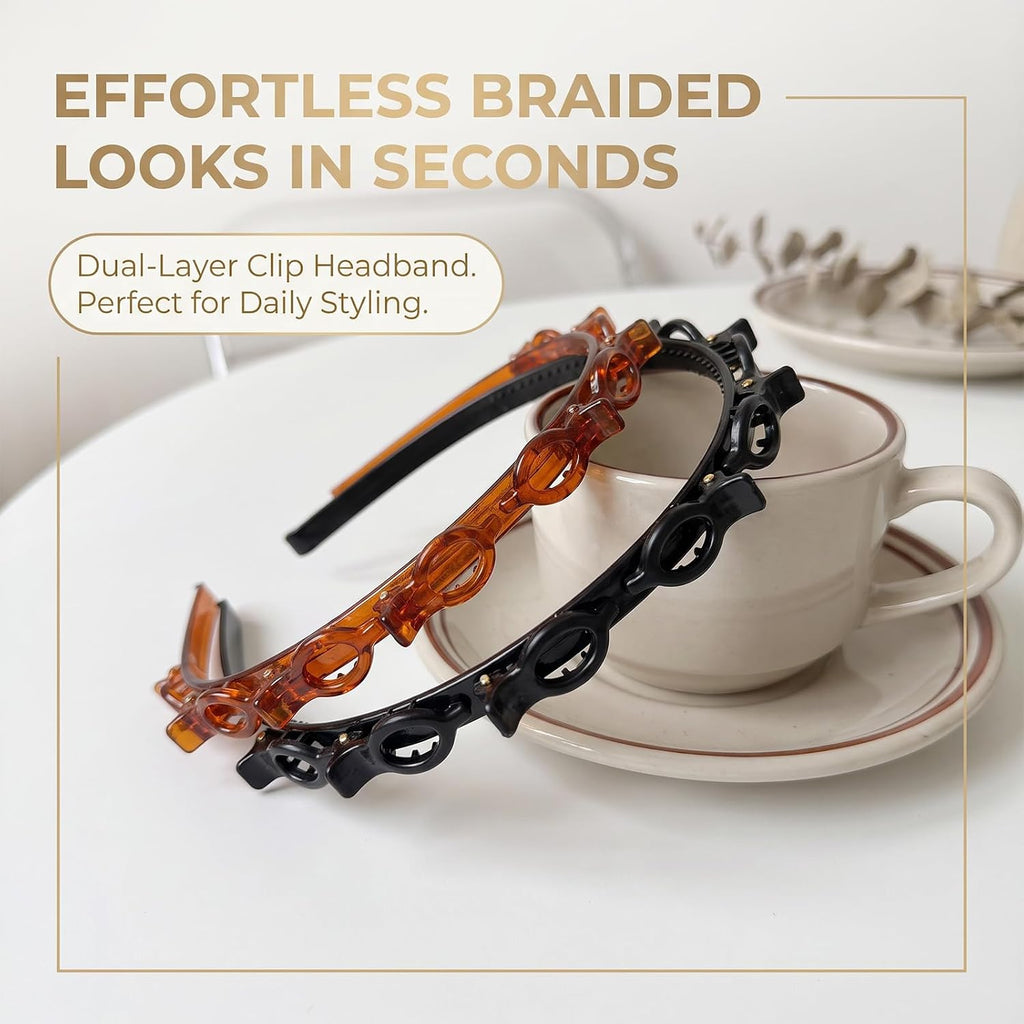 Multi-Clip Styling Headband – Double-Layer Hairband with Mini Claw Clips, Textured Hair Styling Headband for Women, Black & Amber Brown