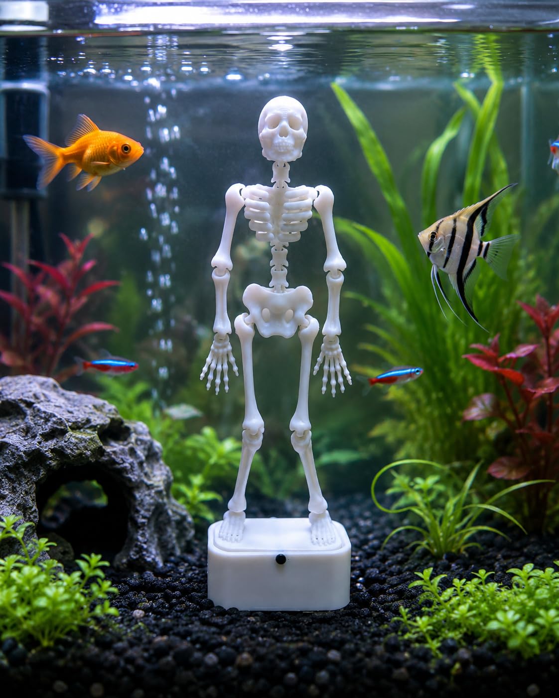 Dancing Skeleton Aquarium Ornament with Bubble Base | Fish Tank Decoration, Articulated Design, Underwater Motion Effect, Detailed Skull & Ribcage, Compact & Freestanding