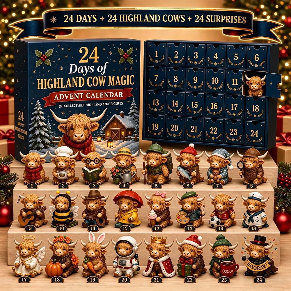 24 Days of Highland Cow Magic Advent Calendar, 24 Cute Collectible Cow Mini Figures, Farmhouse Holiday Decor, Christmas Countdown Calendar Gift Set for Cow Lovers