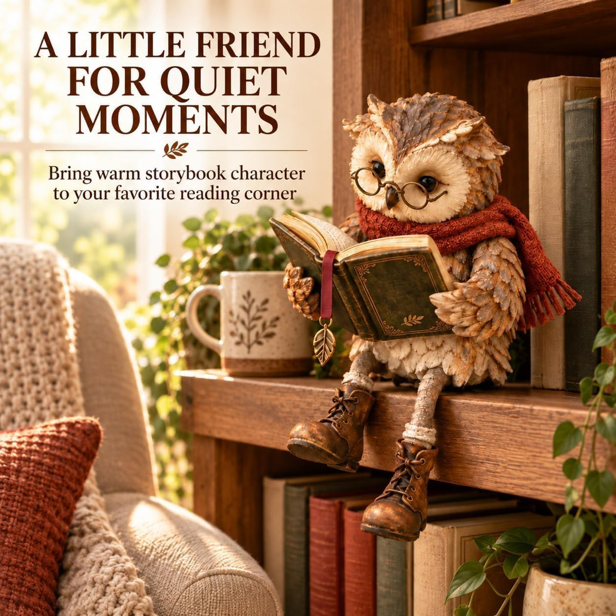 Reading Owl Resin Figurine with Dangling Legs – Vintage Book Lover Owl Shelf Decor for Bookshelf, Desk & Reading Nook