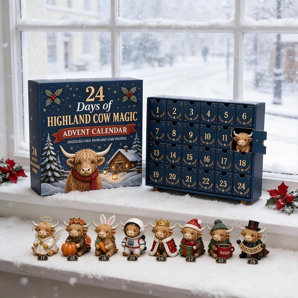 24 Days of Highland Cow Magic Advent Calendar, 24 Cute Collectible Cow Mini Figures, Farmhouse Holiday Decor, Christmas Countdown Calendar Gift Set for Cow Lovers
