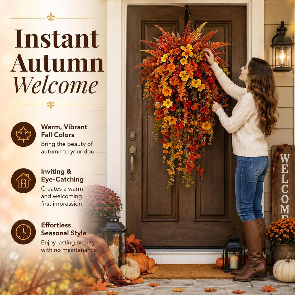 Artificial Fall Harvest Hanging Basket, Artificial Hanging Flowers for Outdoors, UV-Resistant Waterproof Faux Fall Flowers for Autumn, Autumn Porch & Door Decoration