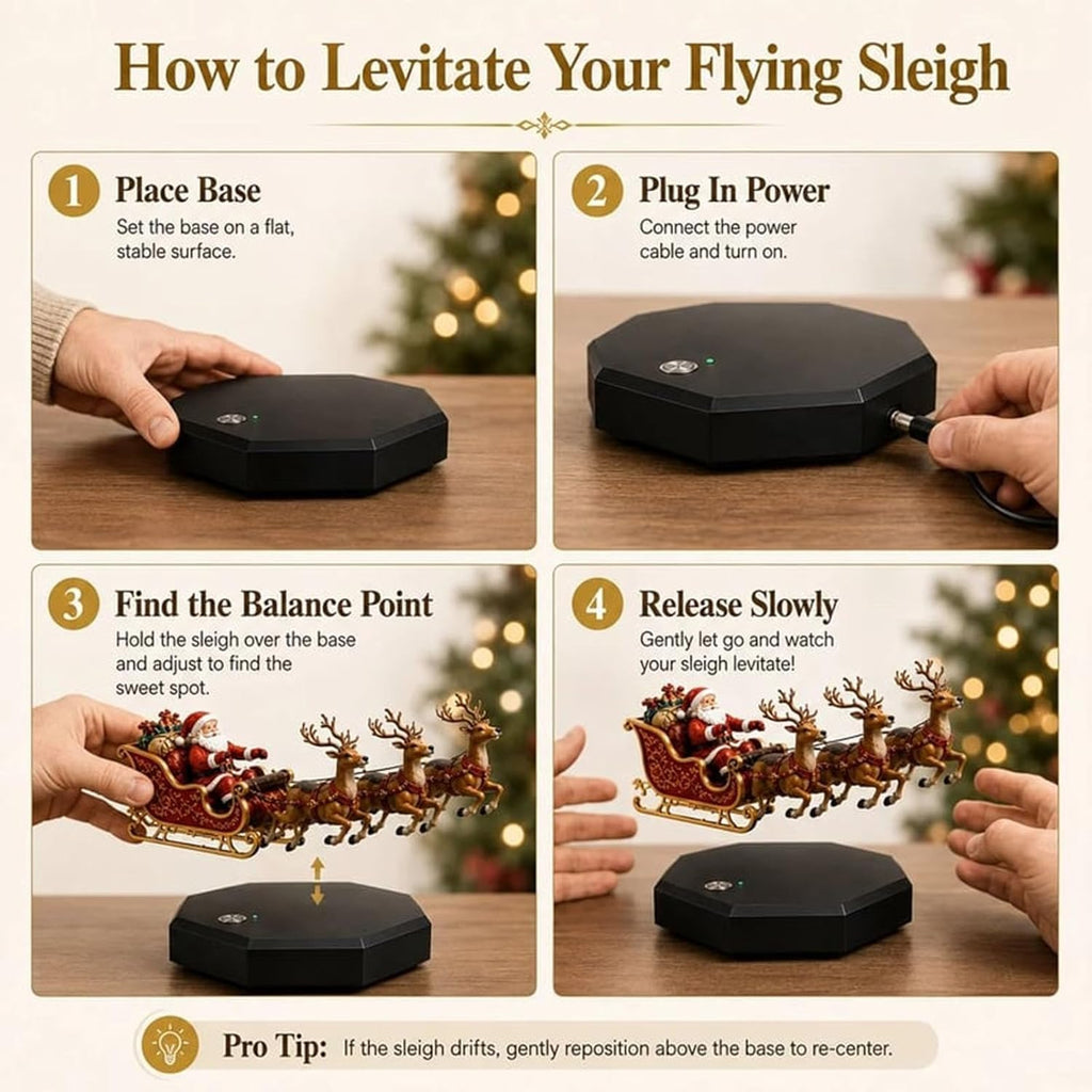 Floating Santa Sleigh, Santa's Flying Sleigh Magnetic Levitation Christmas Display, Floating Santa Claus Tabletop Decorations Reindeer Xmas Ornaments for Home, Office, Shelf & Holiday Party
