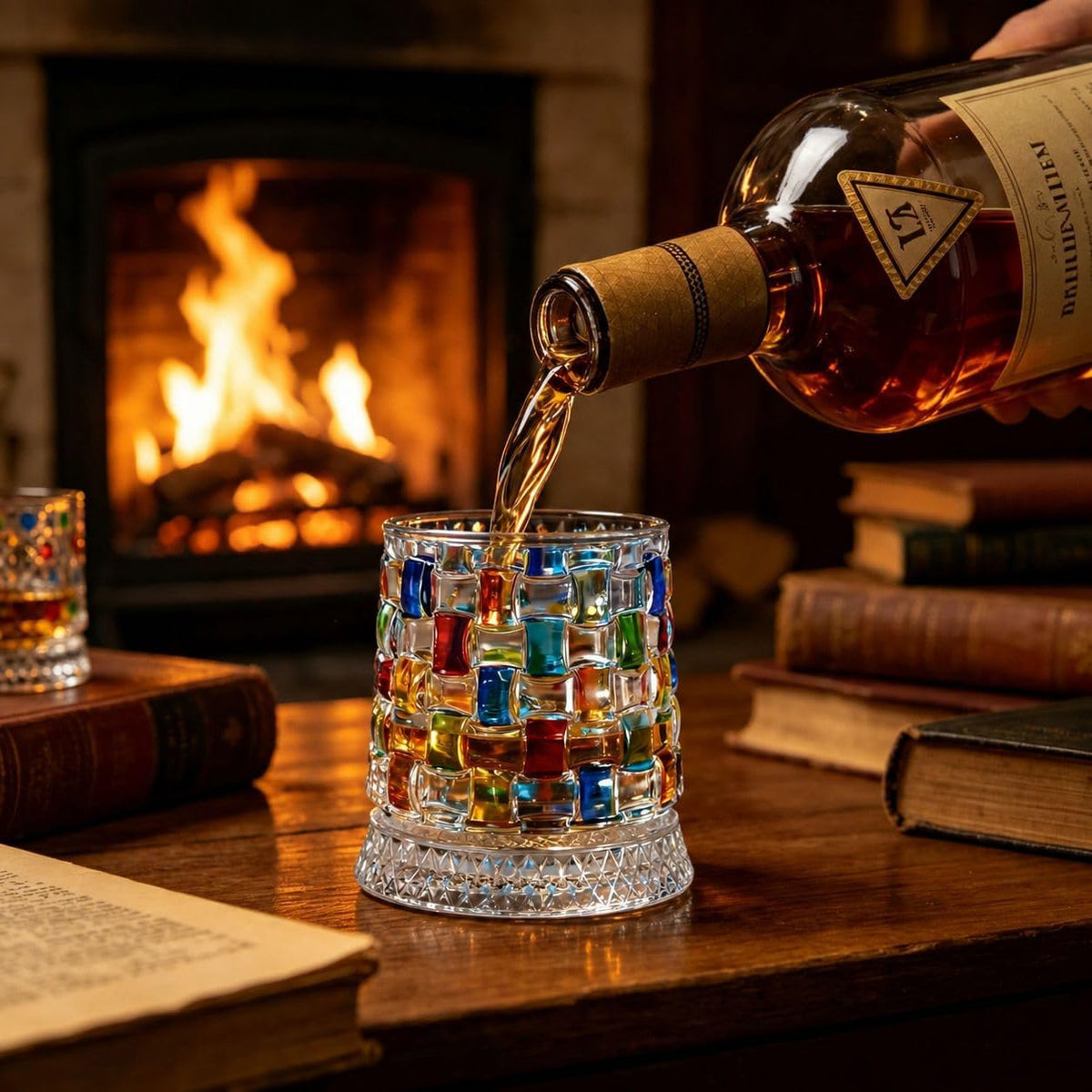 Rotating Crystal Whiskey Glass 270ml – Hand-Painted Colorful Woven Design Tumbler with Spinning Base, Unique Gift for Whiskey & Cocktail Lovers