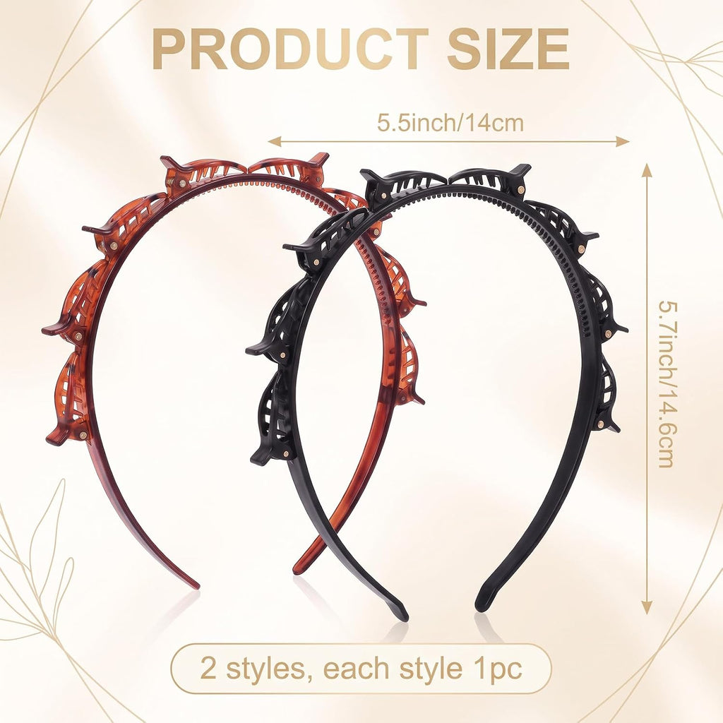 Multi-Clip Styling Headband – Double-Layer Hairband with Mini Claw Clips, Textured Hair Styling Headband for Women, Black & Amber Brown