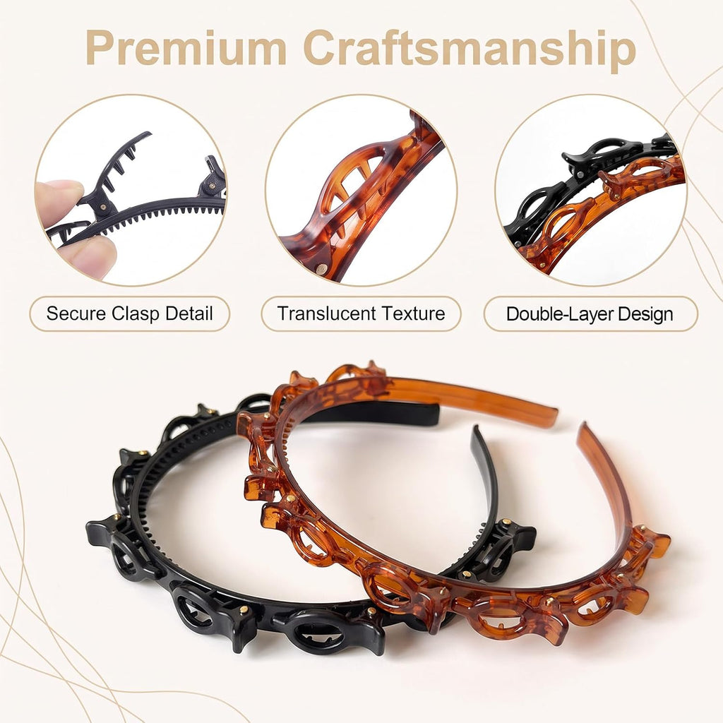 Multi-Clip Styling Headband – Double-Layer Hairband with Mini Claw Clips, Textured Hair Styling Headband for Women, Black & Amber Brown