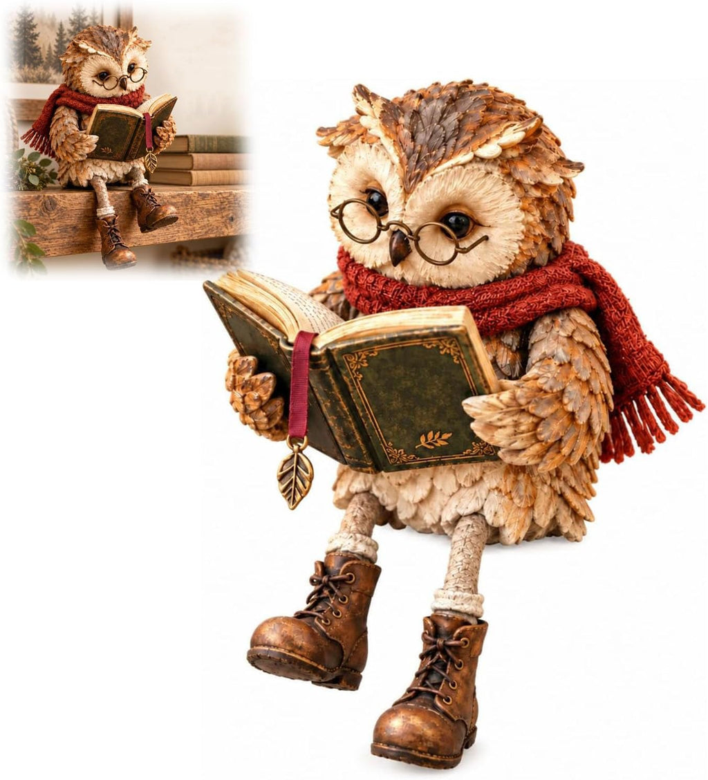 Reading Owl Resin Figurine with Dangling Legs – Vintage Book Lover Owl Shelf Decor for Bookshelf, Desk & Reading Nook