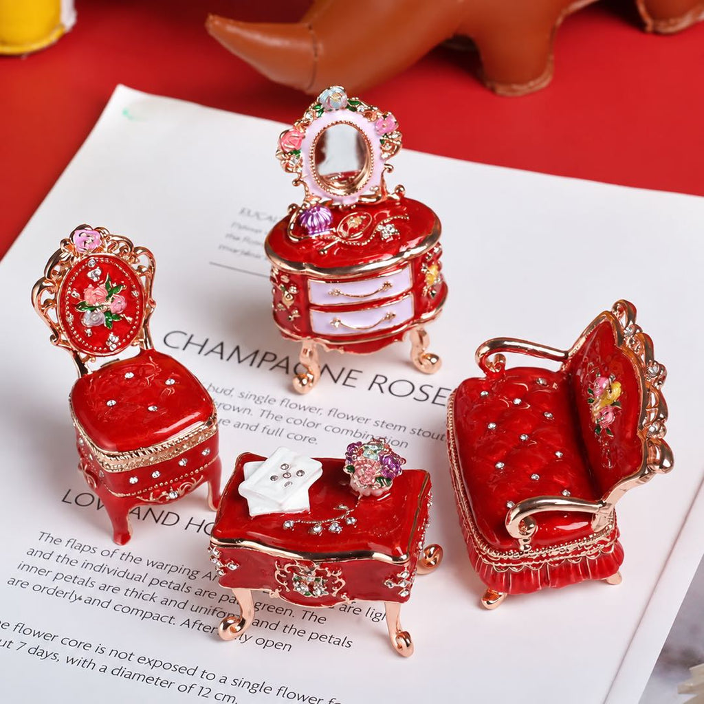 Vintage Mini Furniture Jewelry Box – Hand-Painted Enamel Metal Trinket Box