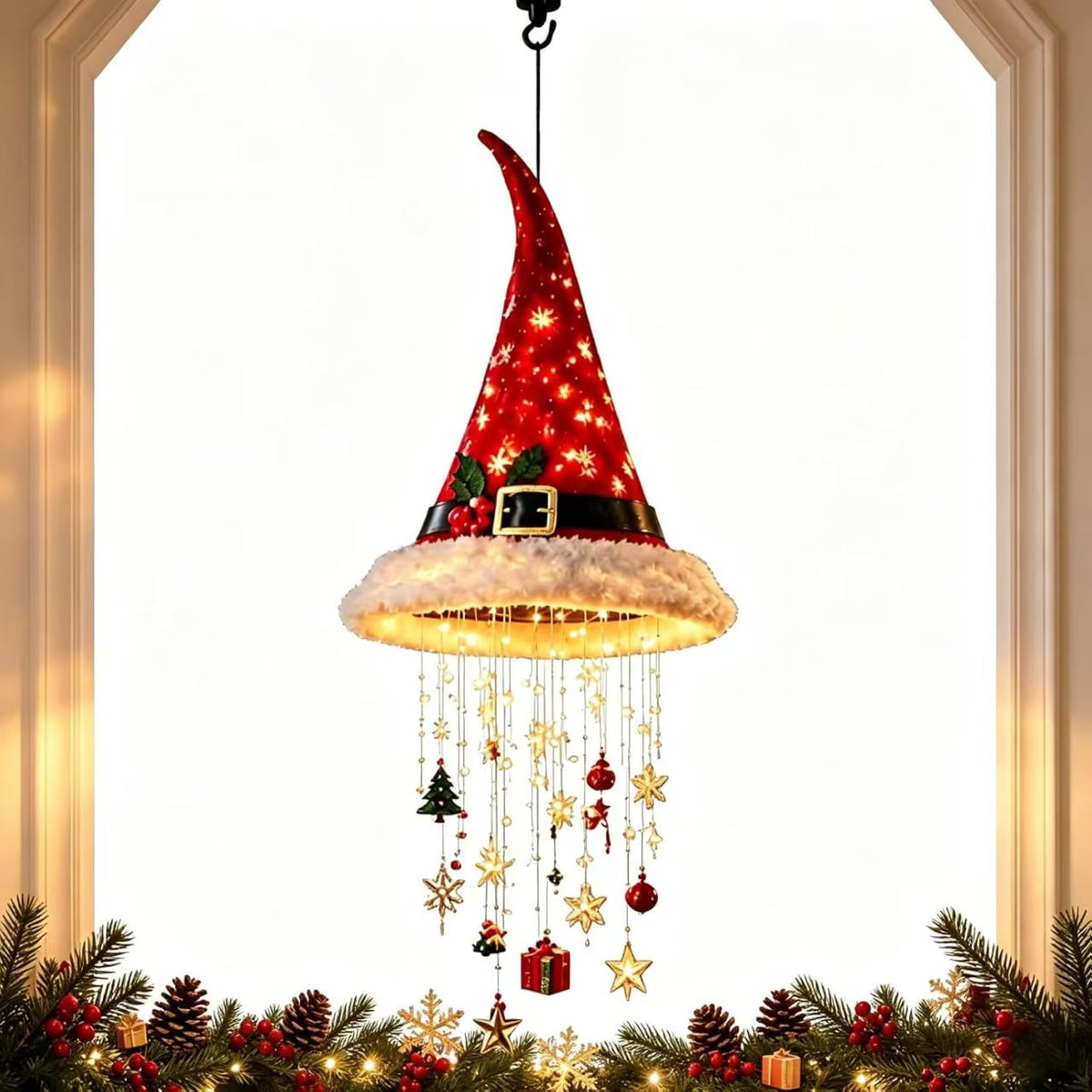 Lighted Santa Hat Christmas Hanging Chandelier – Warm LED Tassel Ornament with Stars & Holiday Charms, Battery Powered Ceiling & Window Christmas Decor