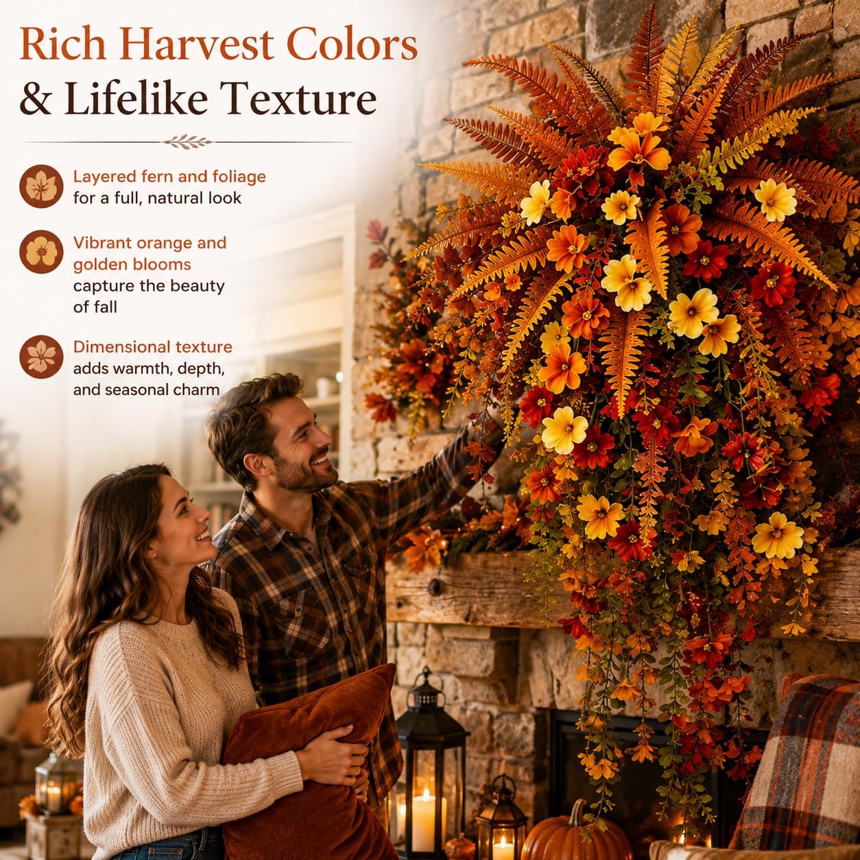 Artificial Fall Harvest Hanging Basket, Artificial Hanging Flowers for Outdoors, UV-Resistant Waterproof Faux Fall Flowers for Autumn, Autumn Porch & Door Decoration