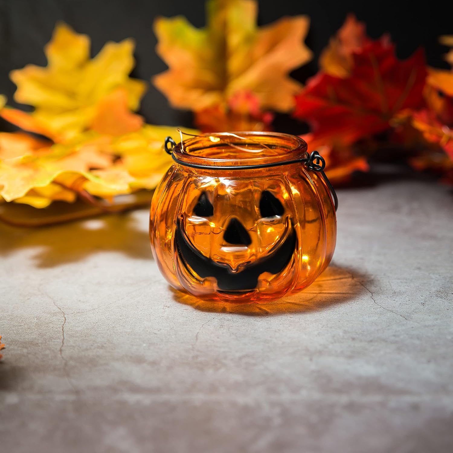 Halloween Pumpkin Glass Candle Holder Lantern with Ghost Face – Orange Hanging Tealight Jar with Metal Handle for Spooky Home & Party Decor