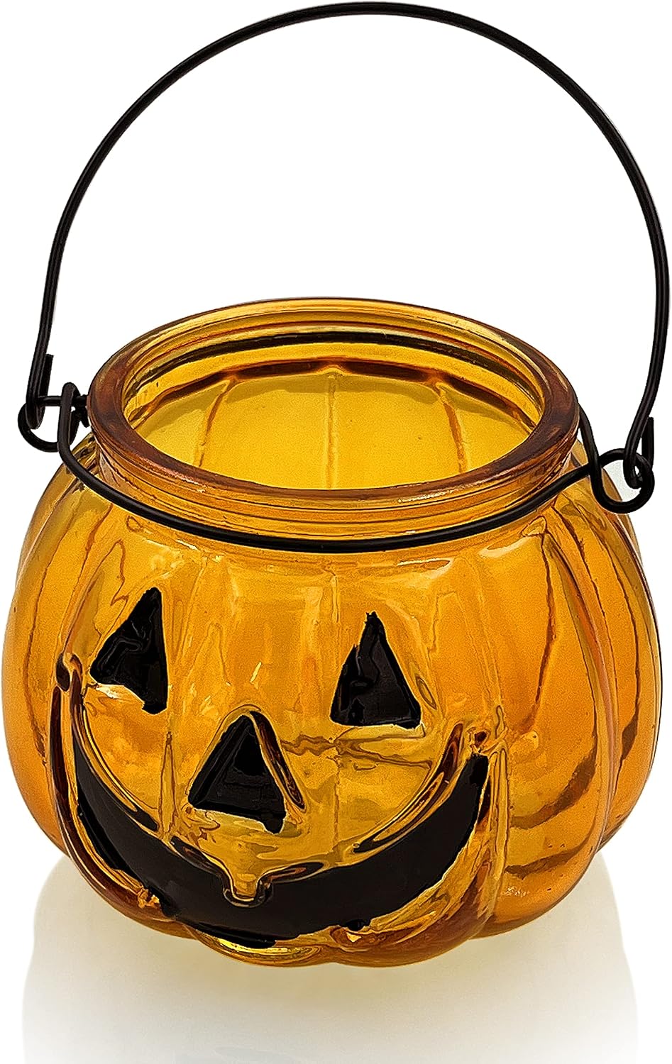 Halloween Pumpkin Glass Candle Holder Lantern with Ghost Face – Orange Hanging Tealight Jar with Metal Handle for Spooky Home & Party Decor