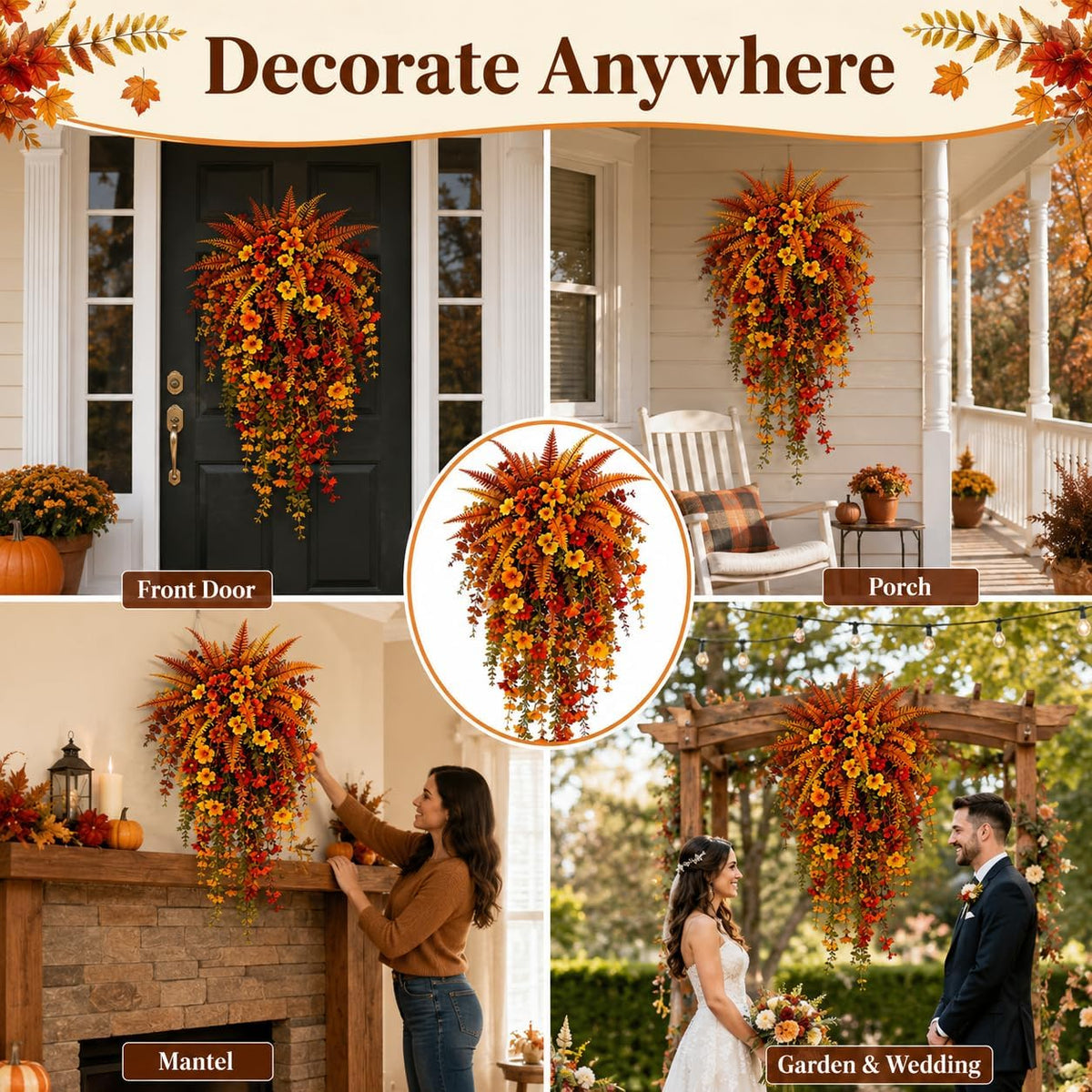 Artificial Fall Harvest Hanging Basket, Artificial Hanging Flowers for Outdoors, UV-Resistant Waterproof Faux Fall Flowers for Autumn, Autumn Porch & Door Decoration