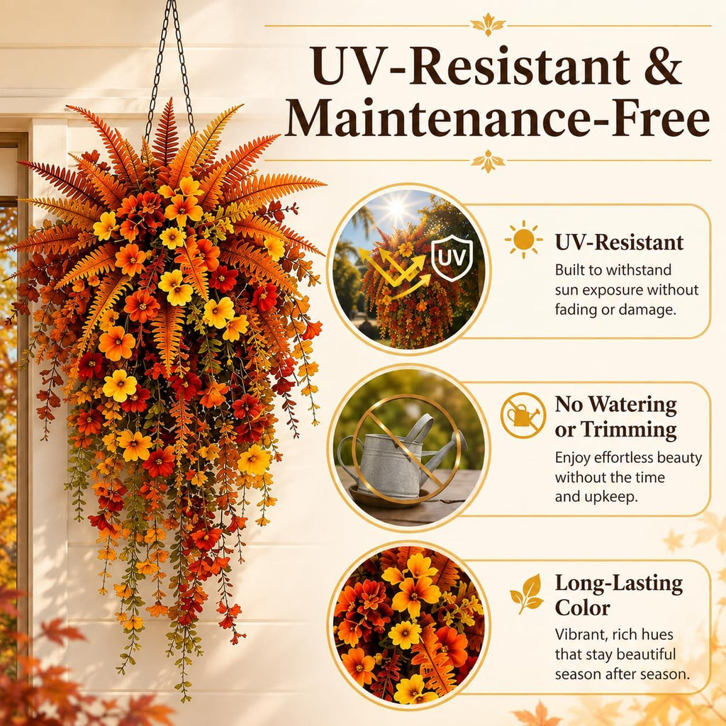 Artificial Fall Harvest Hanging Basket, Artificial Hanging Flowers for Outdoors, UV-Resistant Waterproof Faux Fall Flowers for Autumn, Autumn Porch & Door Decoration