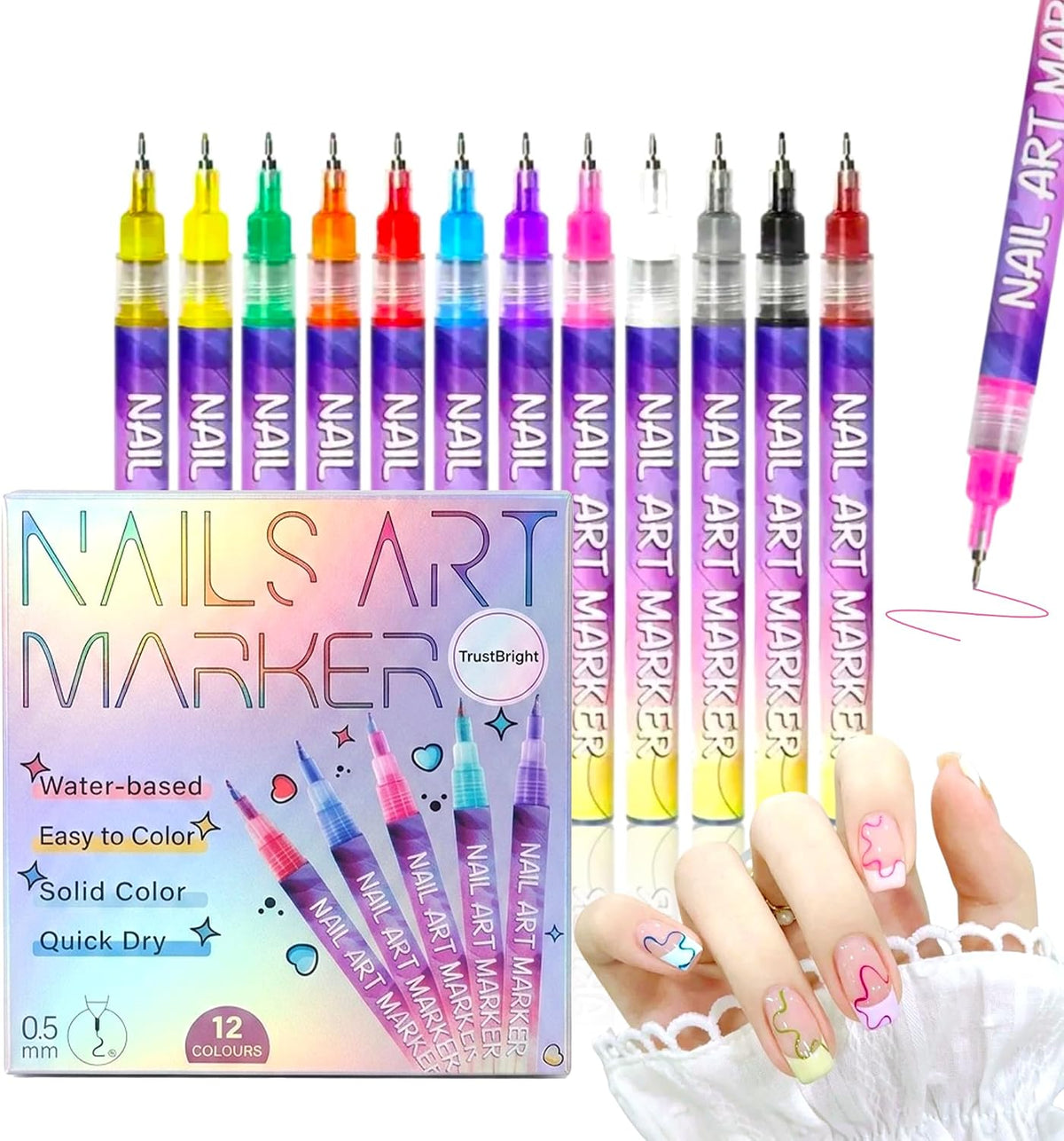 12 Colors Water-Based Nail Art Marker Pens Set – 0.5mm Fine Tip DIY Nail Design Paint Pens, Quick Dry, Washable Nail Art Kit for Beginners & Professionals