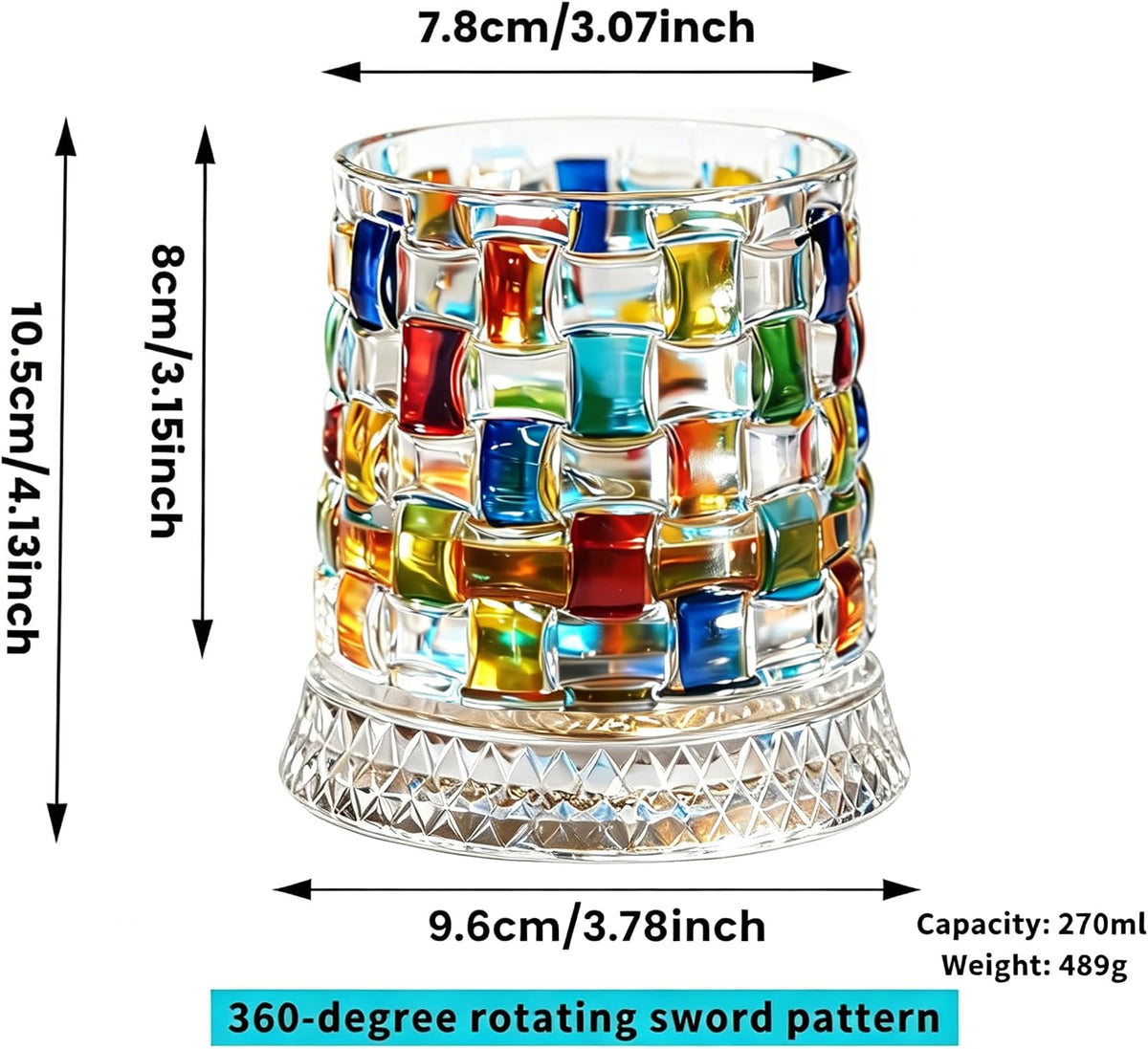 Rotating Crystal Whiskey Glass 270ml – Hand-Painted Colorful Woven Design Tumbler with Spinning Base, Unique Gift for Whiskey & Cocktail Lovers