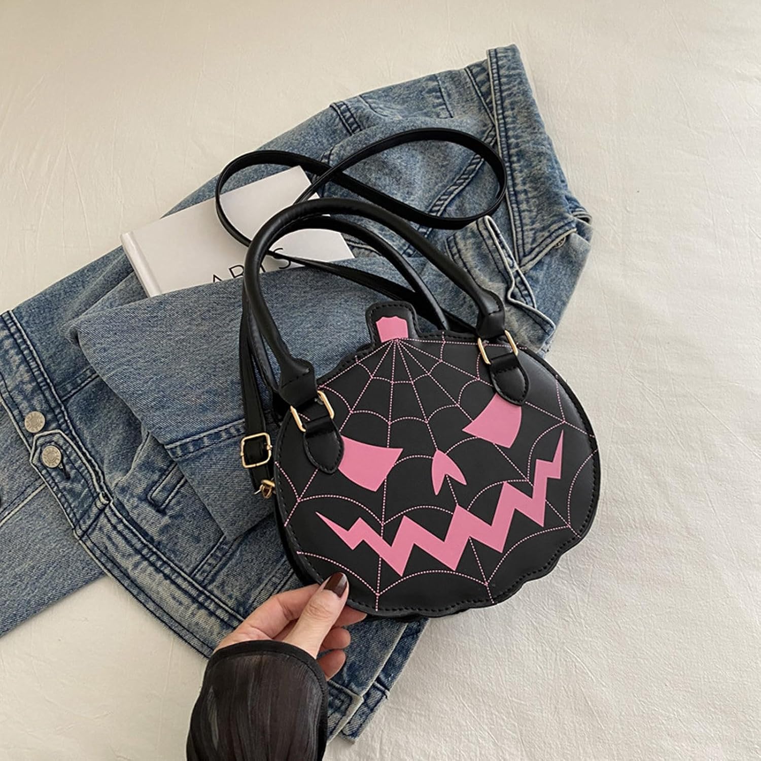 Halloween Pumpkin Crossbody Bag for Women – Jack-O'-Lantern PU Handbag with Spiderweb Stitching, Top Handles & Adjustable Shoulder Strap